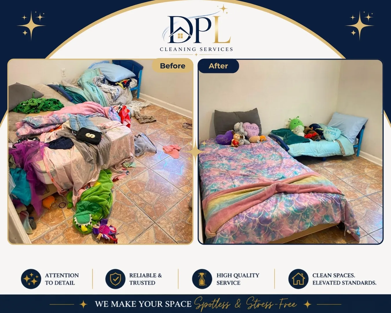 Bedroom cleaning and reset, before and after, by DPL Cleaning Services