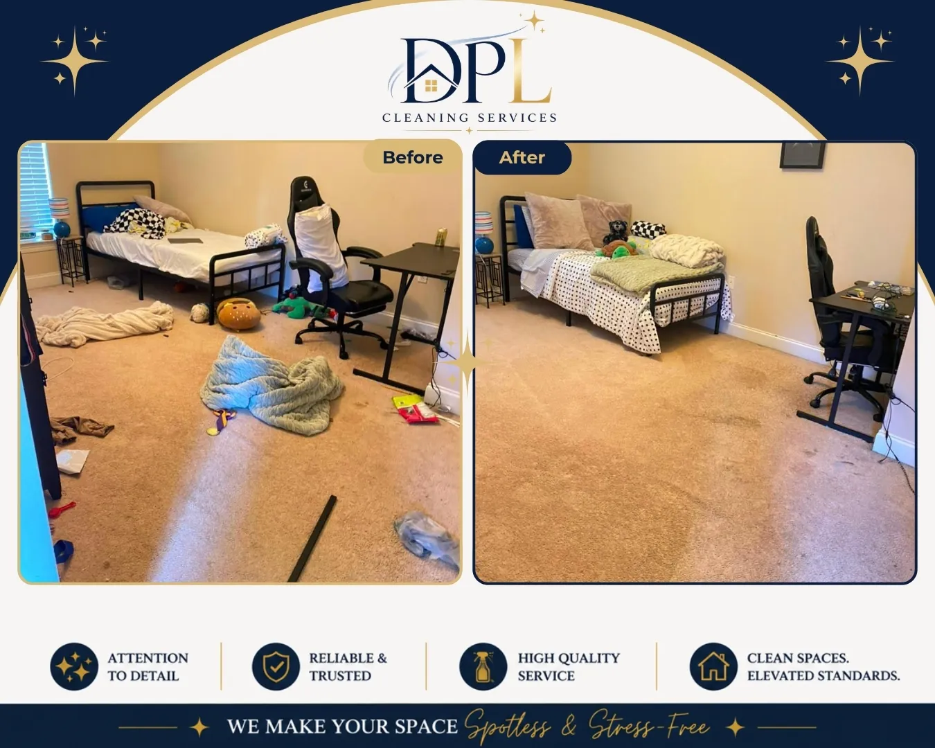 Bedroom cleaning and reset, before and after, by DPL Cleaning Services