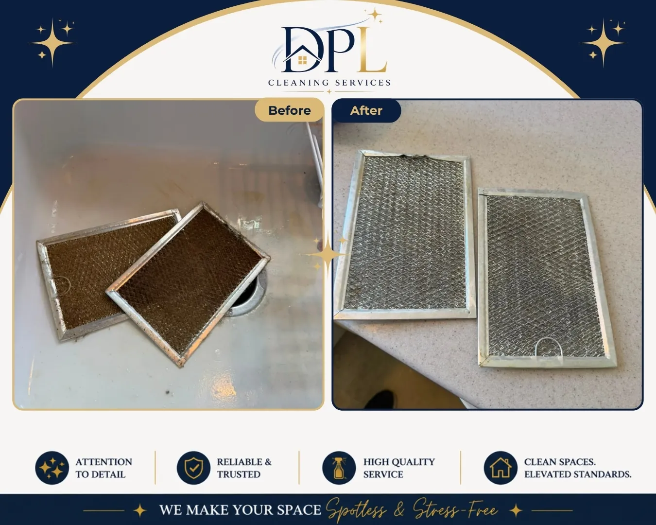 Range hood filter deep clean, before and after, by DPL Cleaning Services