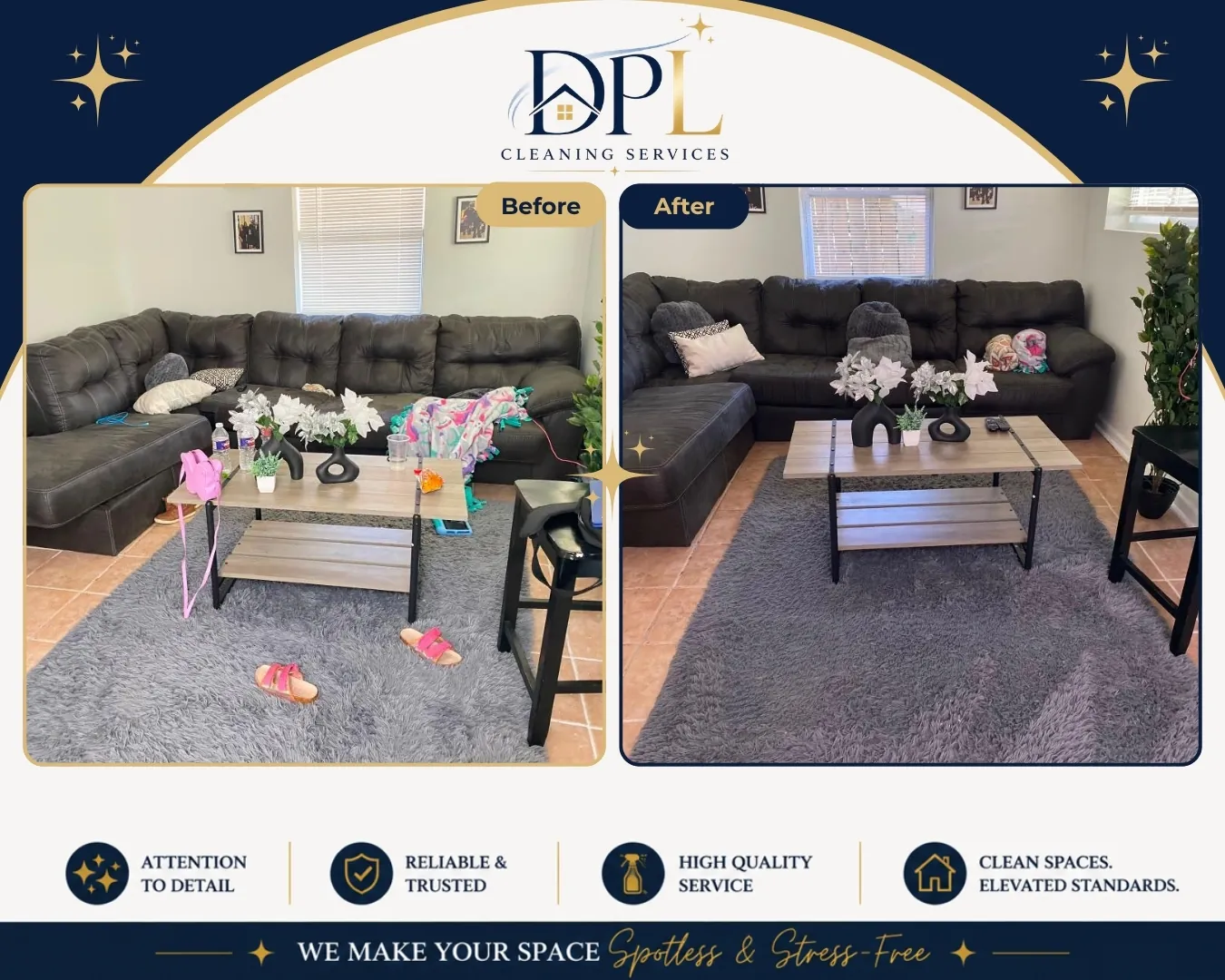Living room cleaning and reset, before and after, by DPL Cleaning Services