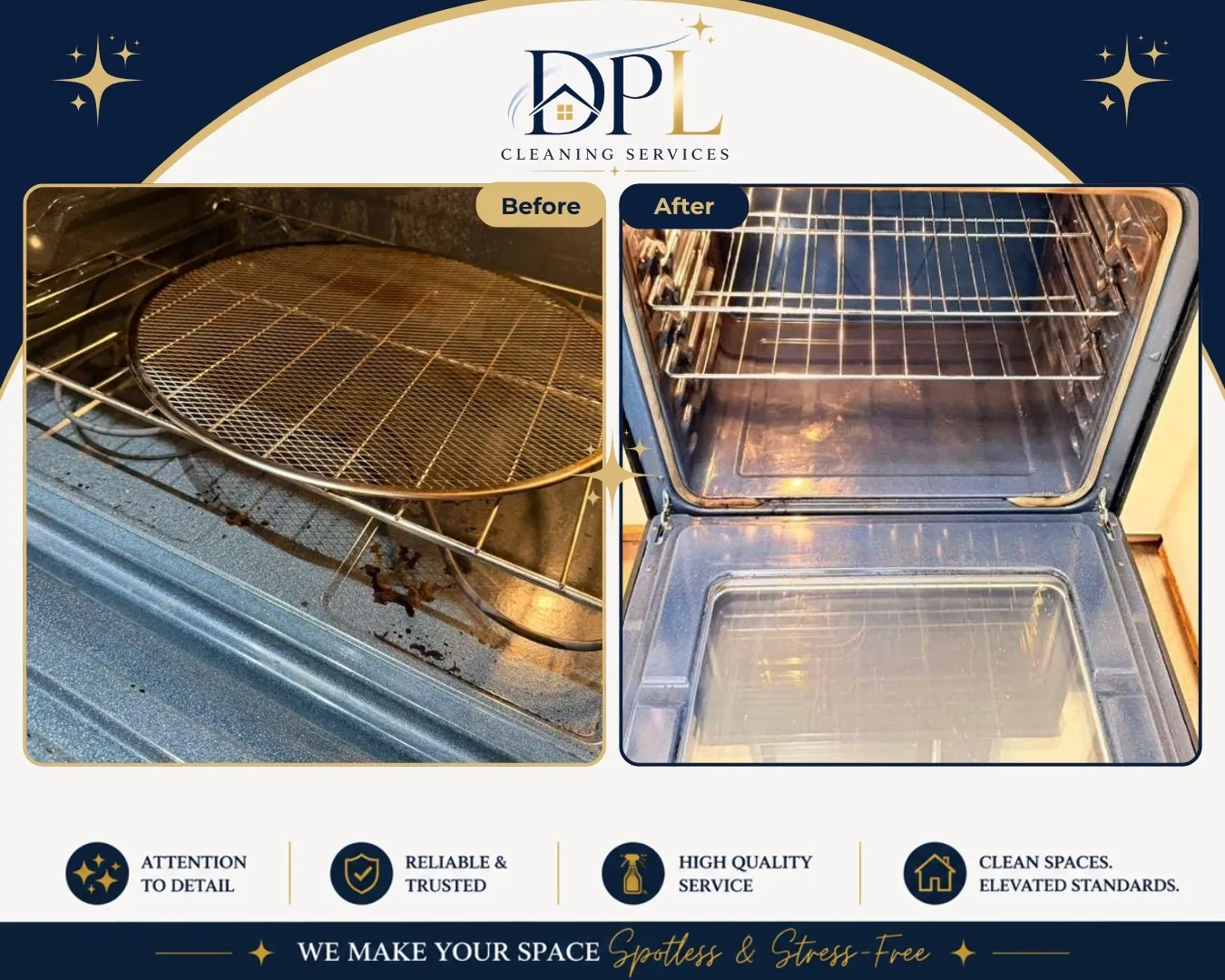Oven deep clean, before and after, by DPL Cleaning Services