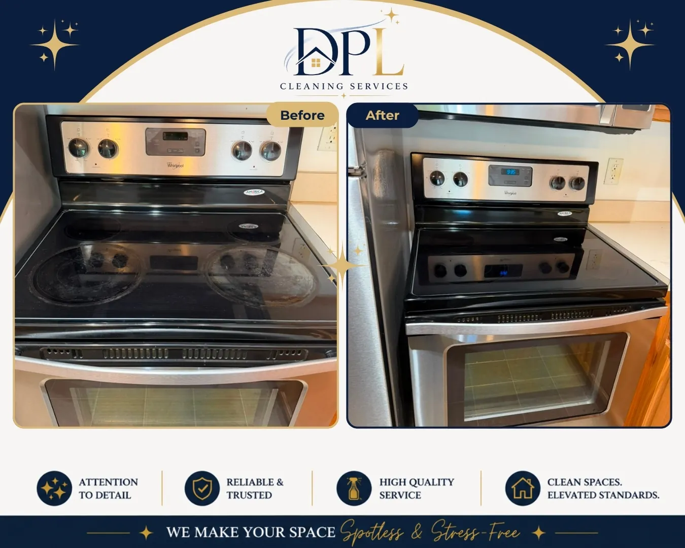 Stove and range deep clean, before and after, by DPL Cleaning Services