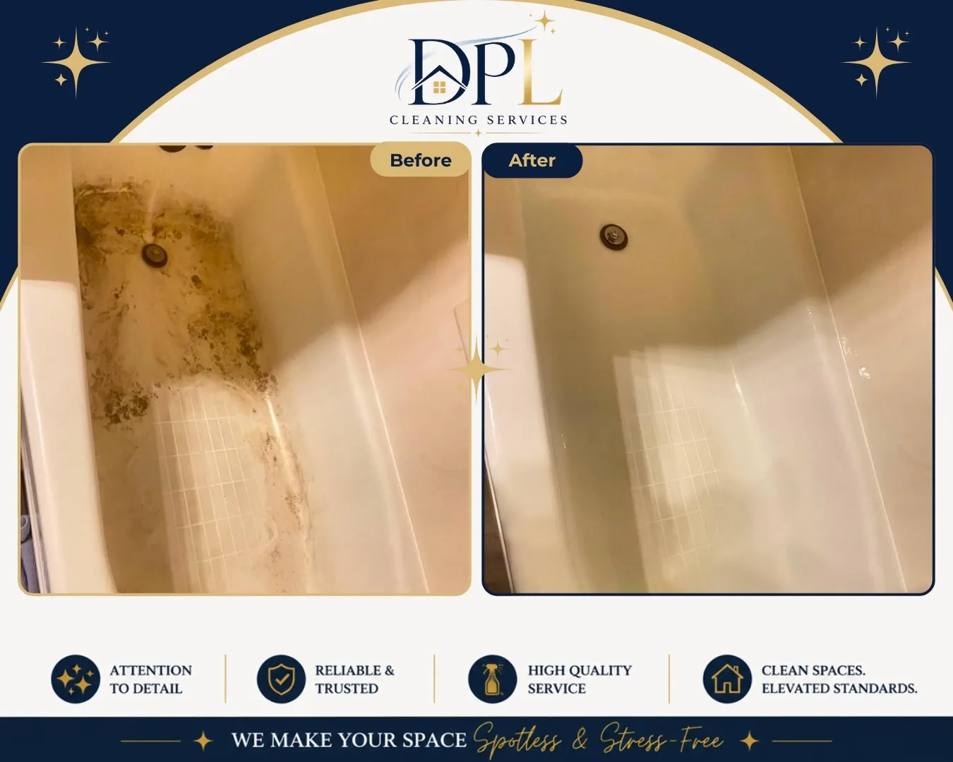 Bathtub deep clean, before and after, by DPL Cleaning Services